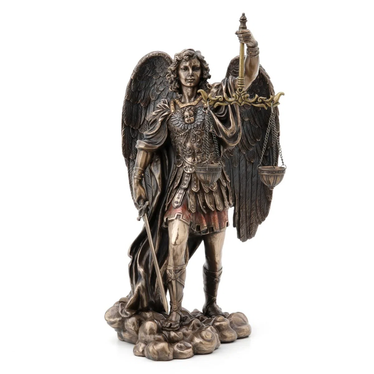 Figura Decorativa Religiosa, Arcangel San Miguel con Espada y Balanza, Resina Efecto Bronce Antiguo, Escultura Angeles Guardianes, 28 cm