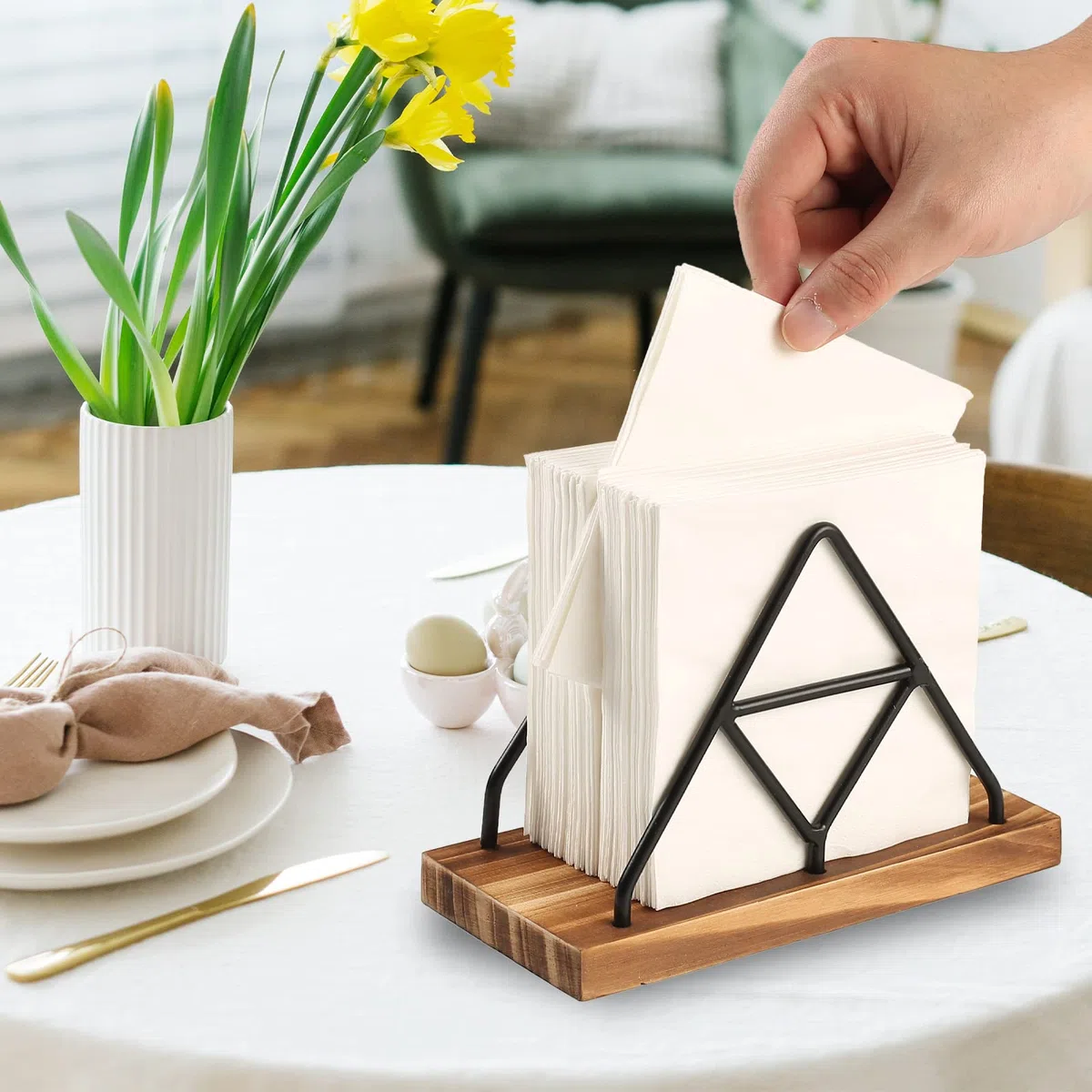 Almacenamiento de servilletas de madera, 1 soporte de servilleta de mesa negro con alambre de metal negro para interiores y exteriores, decoración de cocina