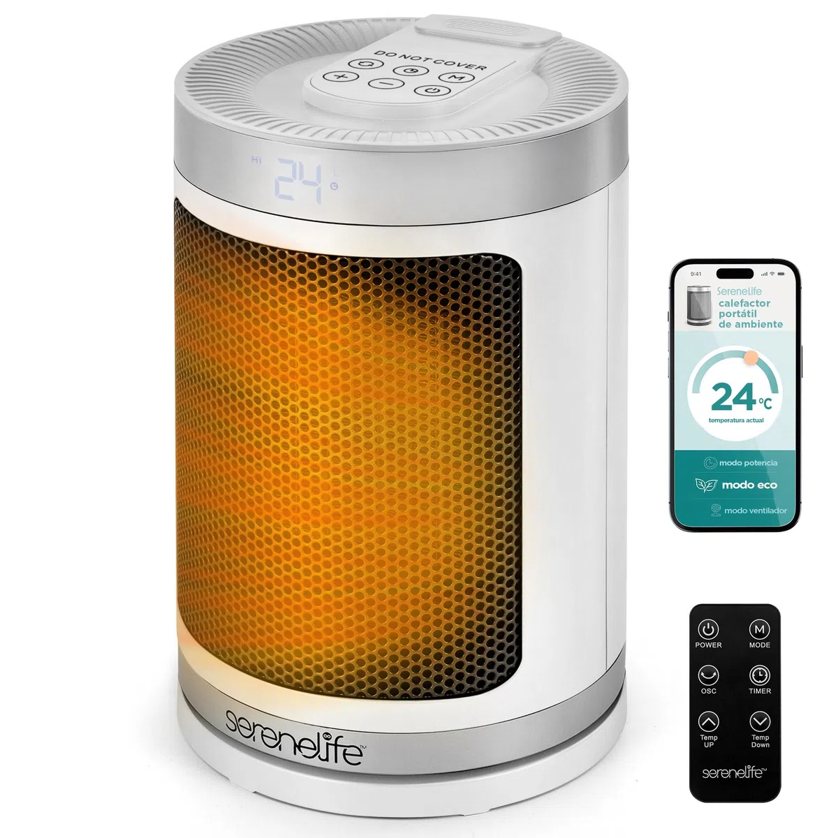 SereneLife Calefactor Eléctrico Cerámico PTC 1500W, Eficiencia Energetica, WiFi  Via Aplicacion Movil, Termostato Digital, Control Remoto, Temporizador de 12 Horas