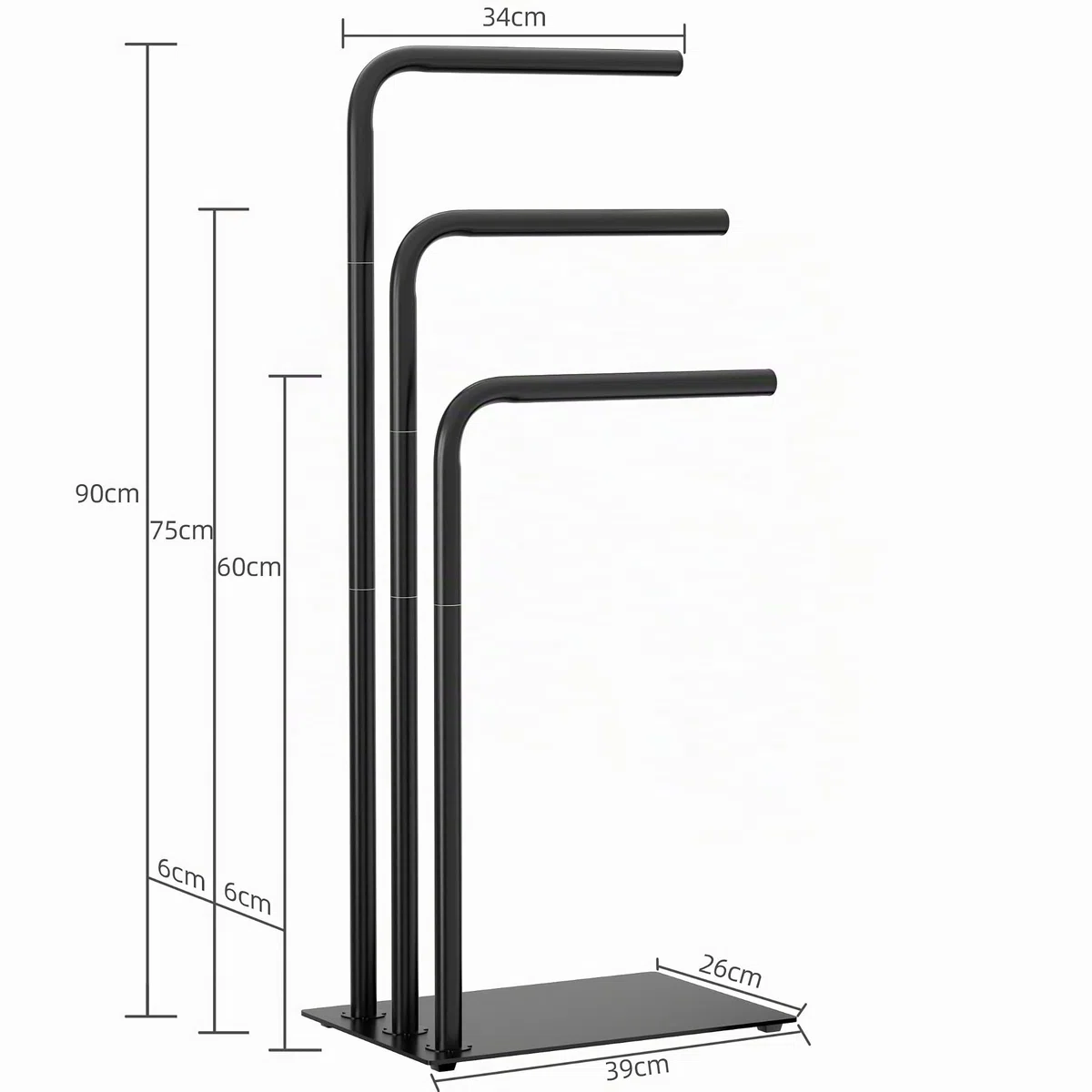 OUTBROS Toallero, Toallero de pie, Soporte de Metal de 3 Niveles para Baño, Secado y Exhibición con Estante, Soporte para paños para Sala de Estar, 39x26x90cm, Negro | Toallero de metal de acero inoxidable para baño con placa base de metal, soporte de sec