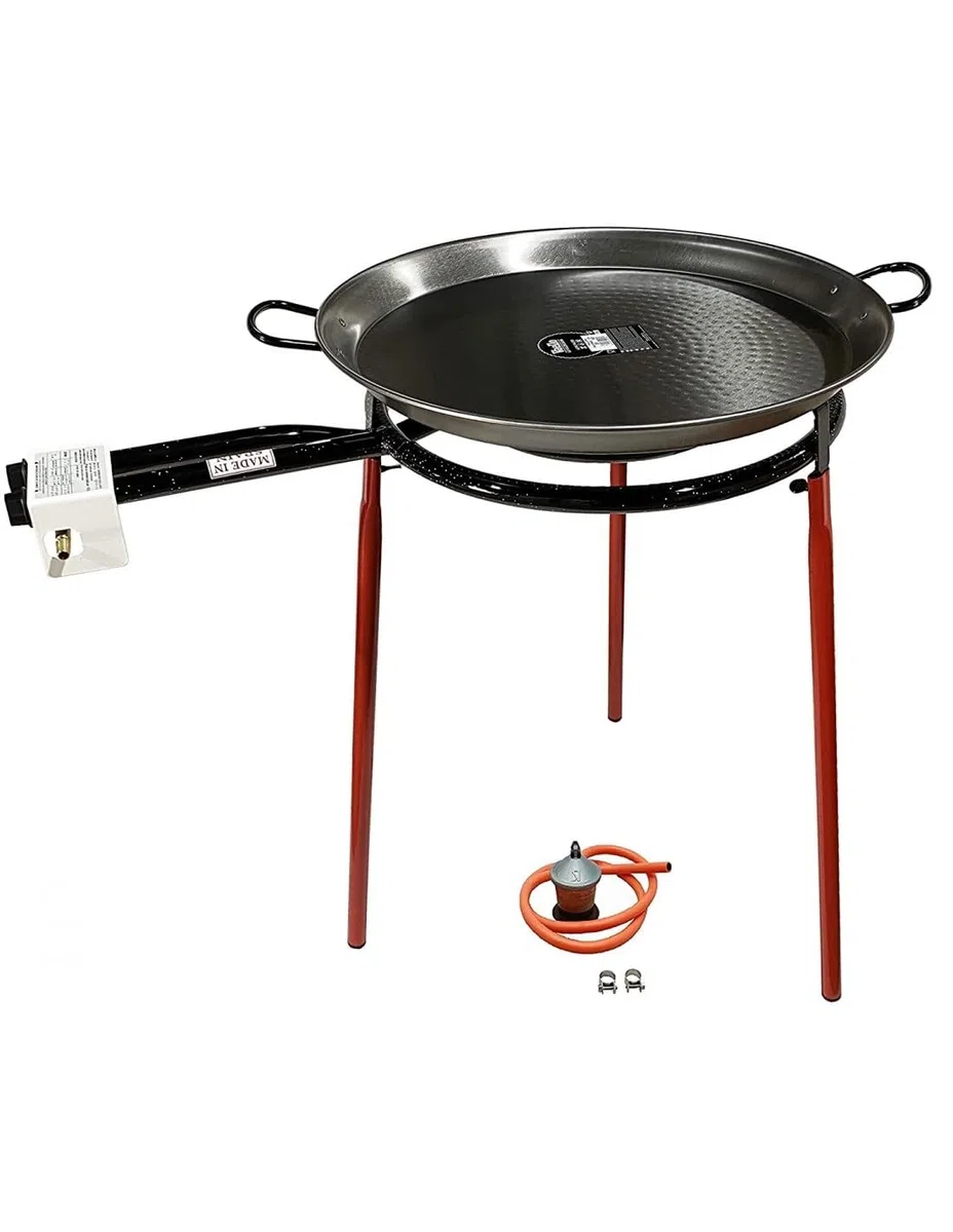 FERRETERIA LEPANTO Kit Paellero, Quemador a Gas butano, paellera acero pulido, regulador de Gas + 1,5 metros de Manguera, soporte de 3 Patas reforzadas (60)