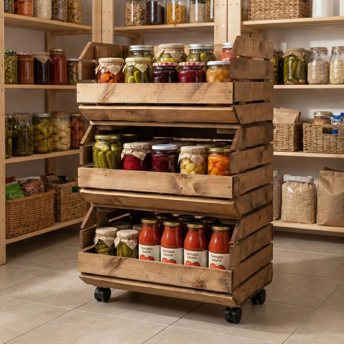 Juego de Cajas apilables para Verduras con Ruedas, 3 Cajas de Madera, estantería, Horda de Frutas, Caja de Patatas, marrón, con Instrucciones