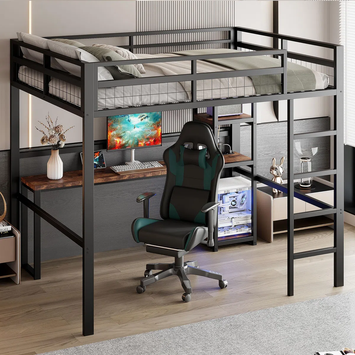 Dolamaní Cama alta para adultos, 140 x 200 cm, marco de cama de metal con enchufe, cama de metal con USB Type-C y varios estantes, capacidad de carga de 150 kg (negro)