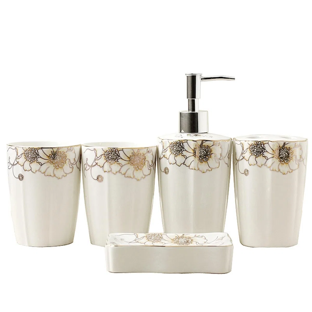 Juego de Accesorios para baño Juego de Accesorios baño 5 Piezas: dispensador jabón, Porta cepillos Dientes, Vaso, Plato. Decoración Decoración Ideal para inquilinos(Silver)