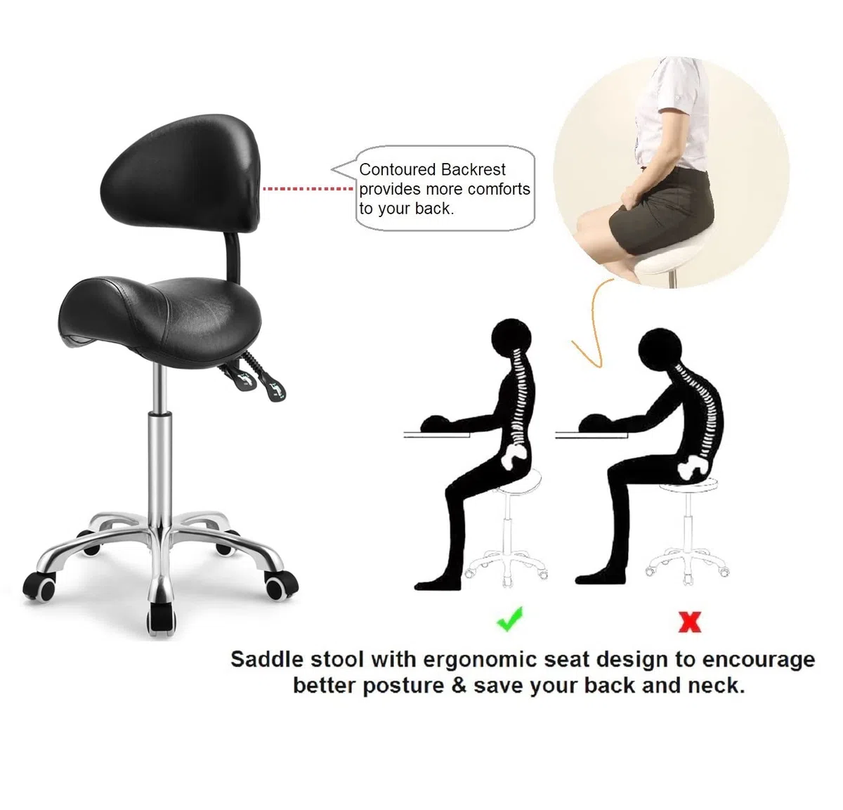 Kaleurrier Taburete giratorio con ruedas, altura ajustable con ruedas, resistente antifatiga, taburete ergonómico para laboratorio, clínica, dentista, salón, masaje, oficina y cocina en casa (con