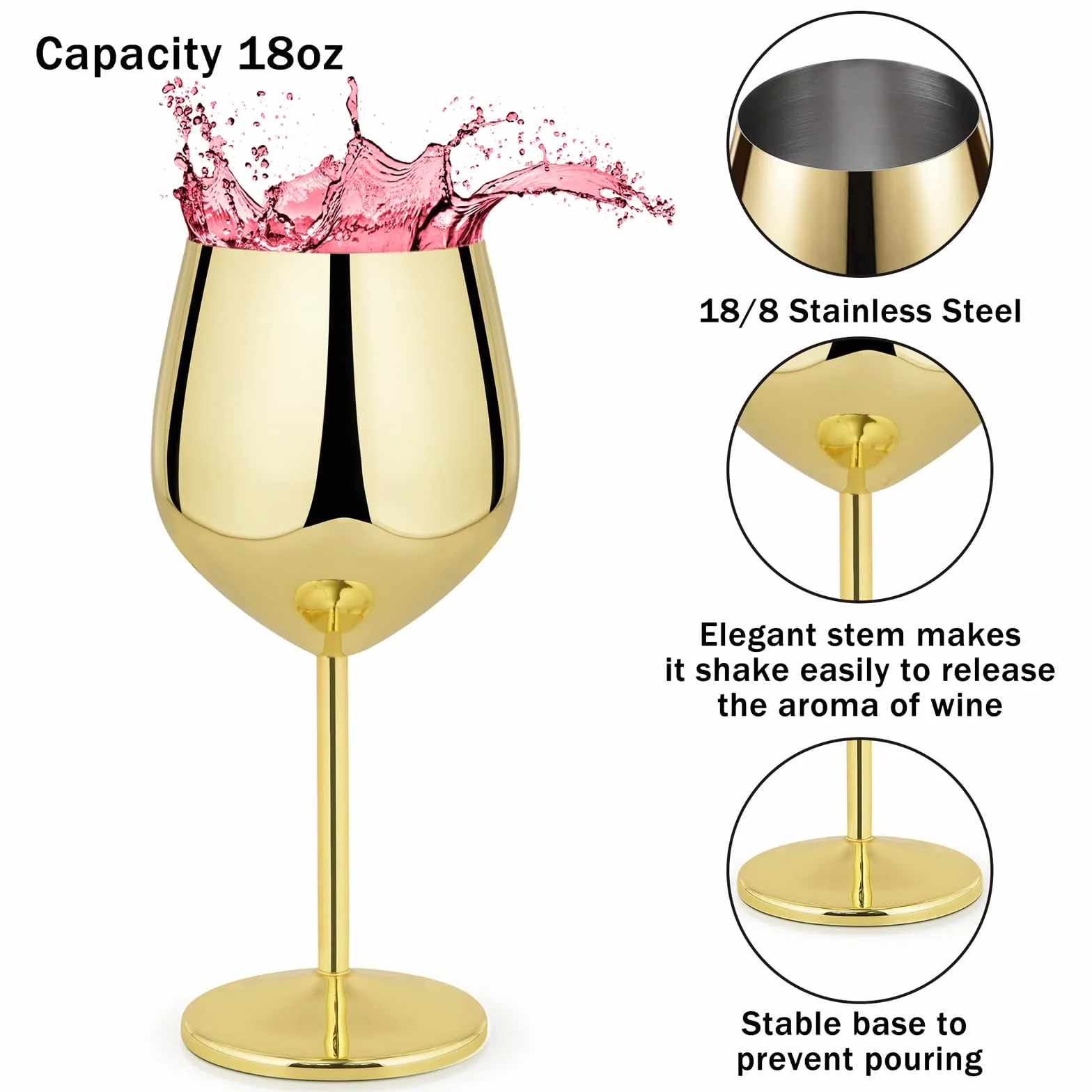 Lifecapido Juego de 8 copas de vino de acero inoxidable, copas de vino de acero inoxidable de 18 onzas, copas de vino de metal con tallo con cepillo para tazas para fiesta, oficina, boda, aniversario,