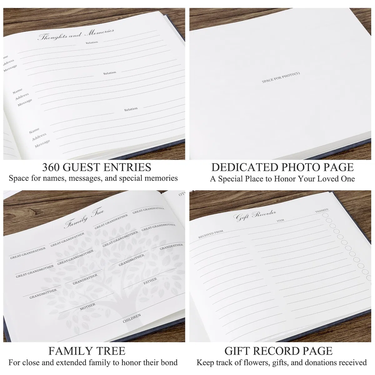 Juego de libro de invitados funerario con caja de recuerdos de madera, incluye 50 tarjetas de memoria en blanco, tarjeta de mesa de memoria, tarjeta de instrucciones, caja de tarjetas y libro de