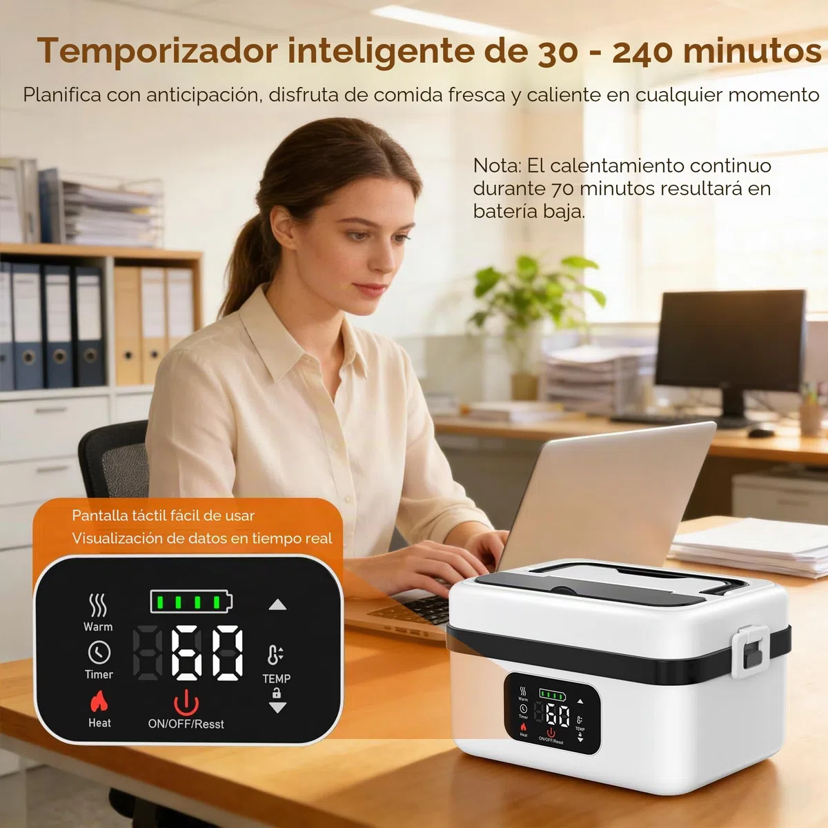 Fiambrera Electrica,Calentador de Comida Portatil 1L para Comida con Pantalla Táctil,Lonchera Termica con Vajilla de Acero Inoxidable y Bolsa Aislante para Coche(Blanco y negro)