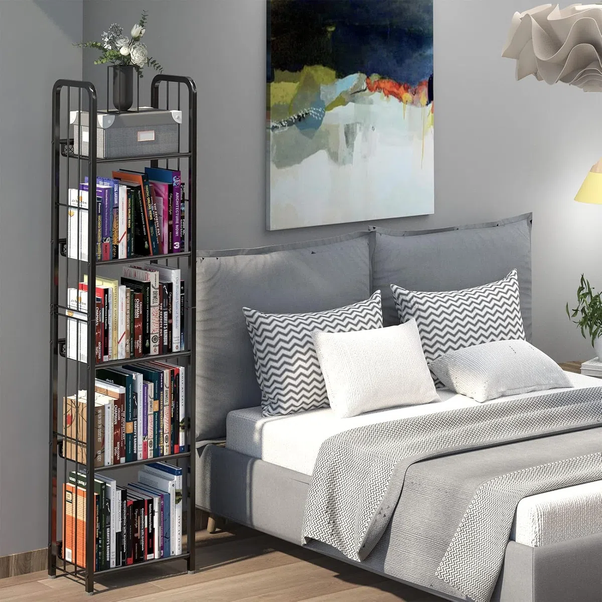 Estantería de 5 niveles, estantería independiente, estantería de oficina, estantería de pie, marco de metal estable, estantería de almacenamiento para salón, dormitorio, oficina, estudio, estilo