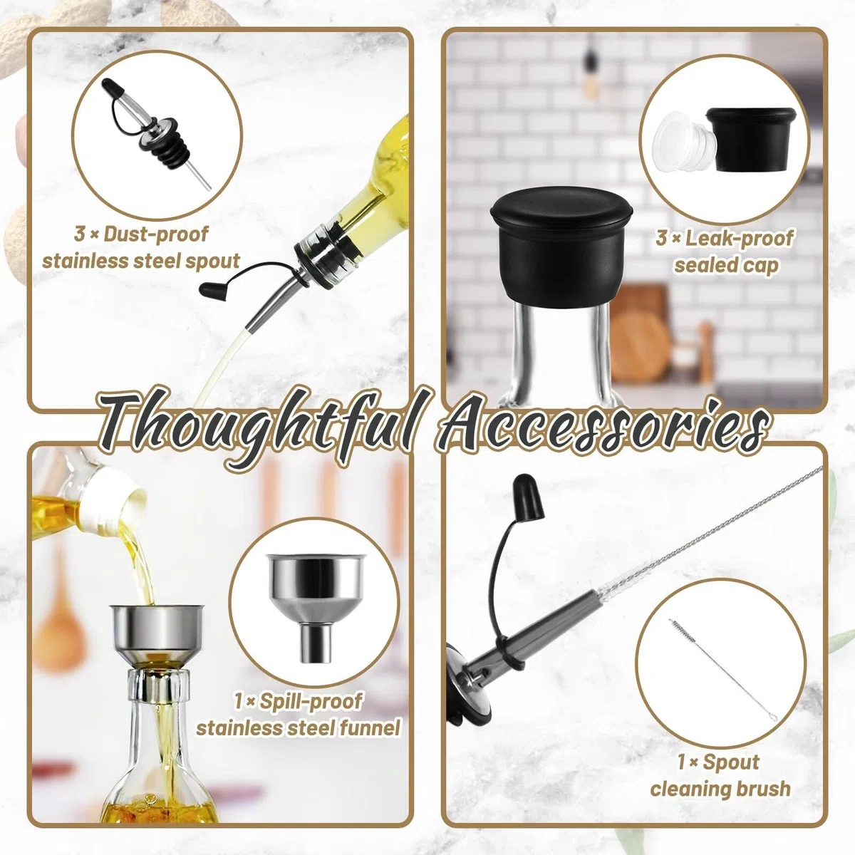 Juego de dispensador automático de vinagre de aceite, 3 botellas de condimento de cocina con función de apertura y cierre fácil, perfecto para cocinar y aderezar, ollas de aceite y vinagre