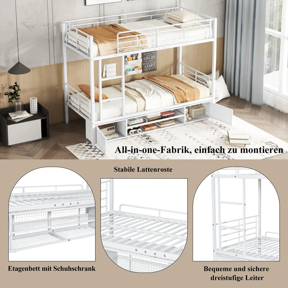 Litera doble, zapatero abierto, armario de almacenamiento de dos puertas, adecuado para niños y adolescentes, con escalera lateral y barandilla de seguridad, hierro forjado, sin colchón, 90 x 200 cm