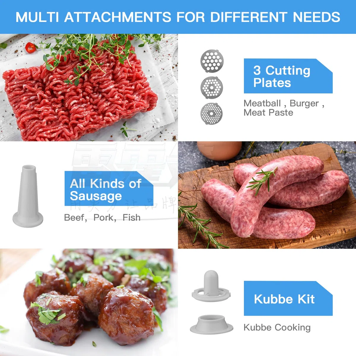 COOCHEER Picadora de carne eléctrica profesional, con relleno de salchicha y accesorio para galletas, 2000 W, máquina de salchicha, picadora de 3 discos y accesorio de kibbe para carne picada, mett y