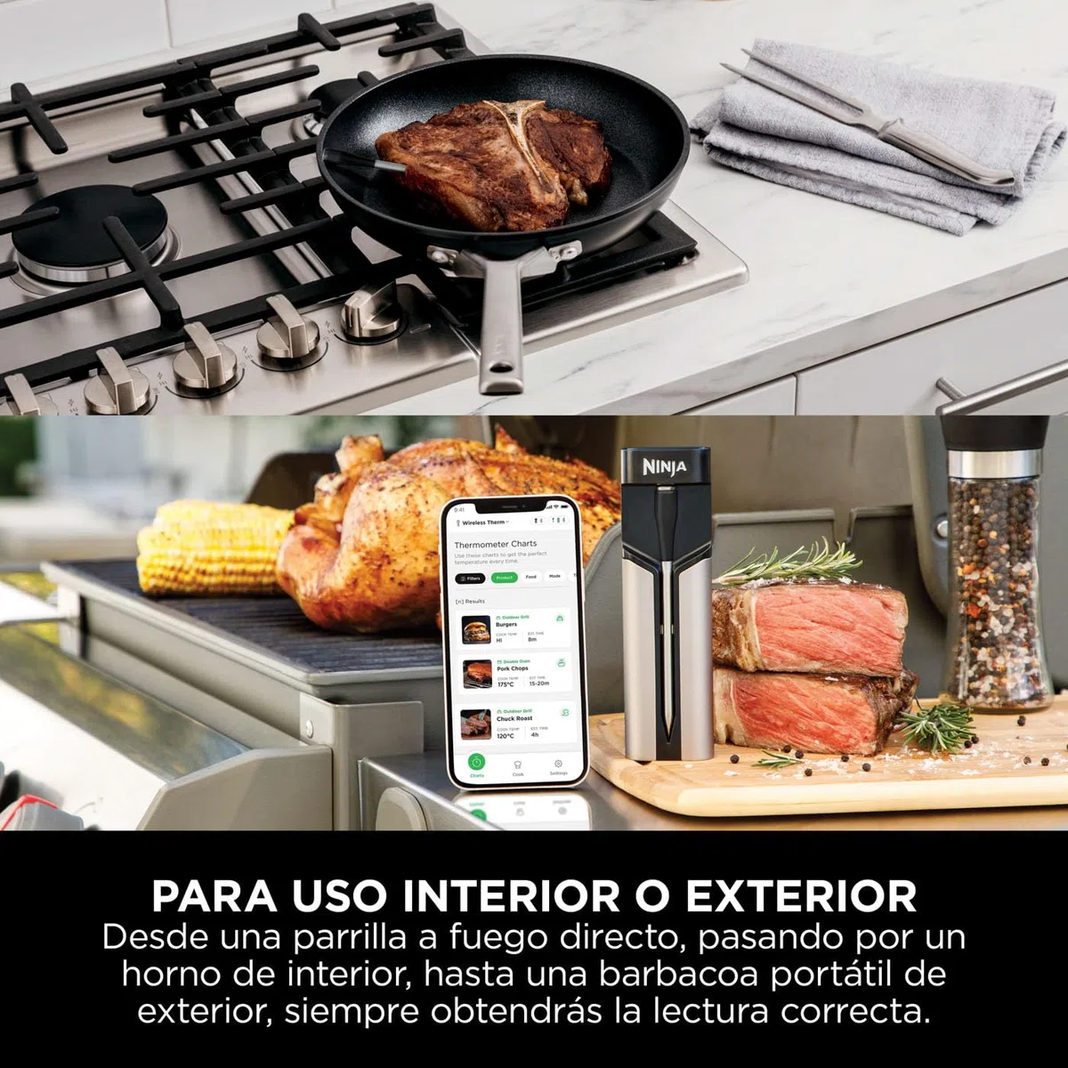Ninja ProChef Sensor digital de cocina inalámbrico, uso exterior e interior, cocinar, asar y freír con aire, resistente al agua, Bluetooth alcance 50m, conexión a app, automomía 30 h, WP100EU