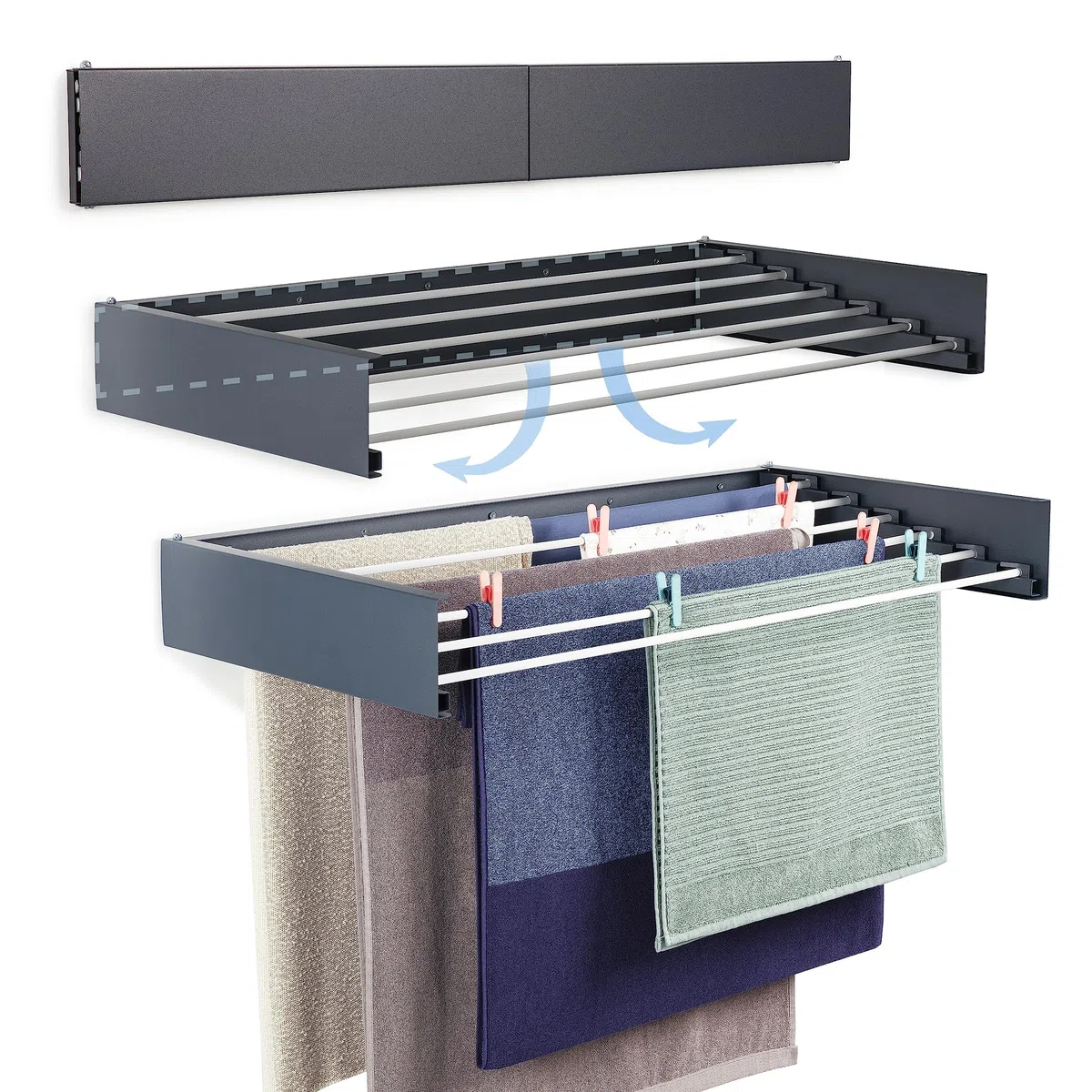 Tendedero de pared de 100 cm – 6 barras plegables y extensibles – 6 m de longitud de secado – hasta 25 kg – ahorra espacio – para interior y exterior – antracita