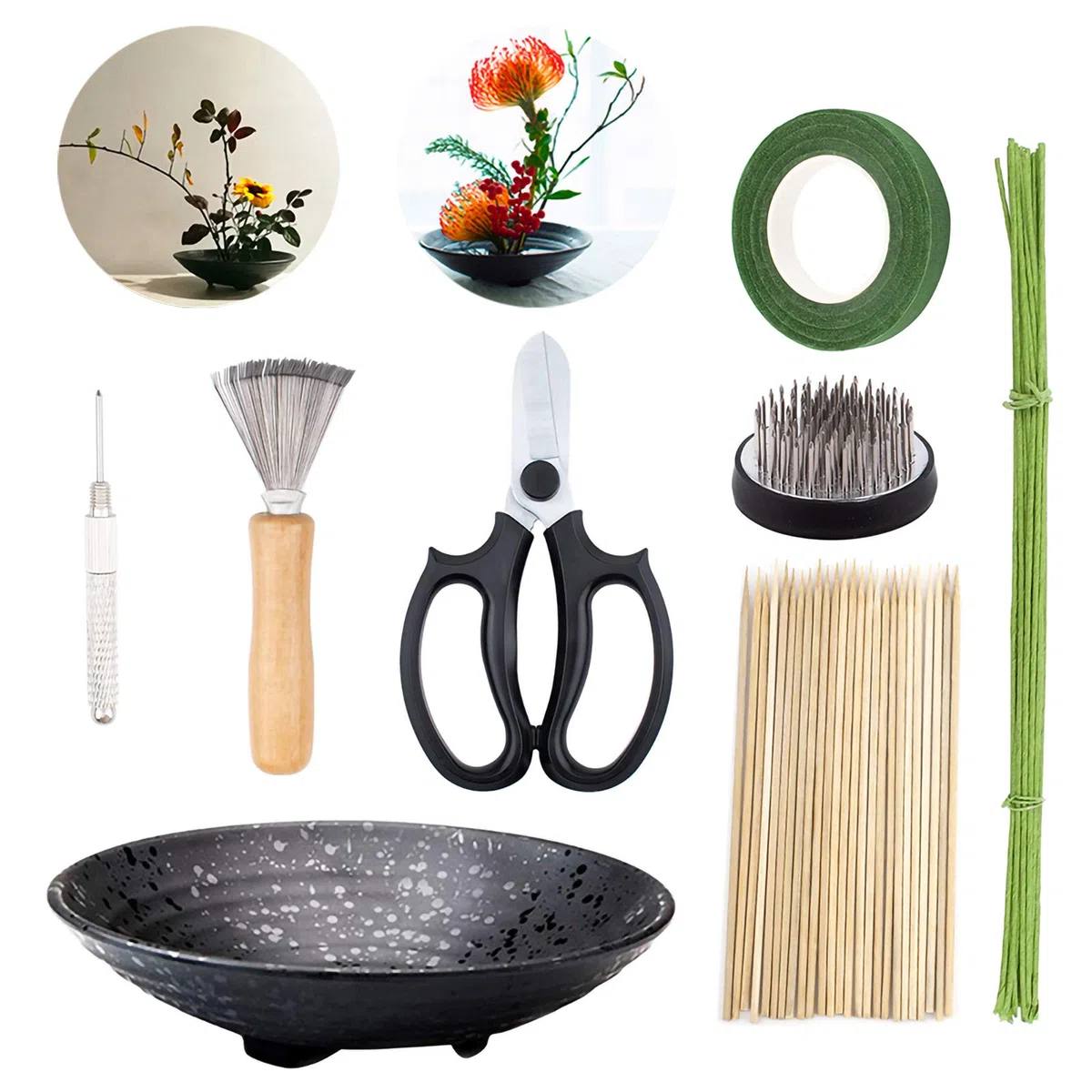 WANDIC Kit de arreglos Florales, Juego de 51, Soportes Redondos para Flores, Maceta de cerámica, Pin y rastrillo de Limpieza de Agujas Kenzan, Tallos Florales y Cinta Floral para Arte de arreglos