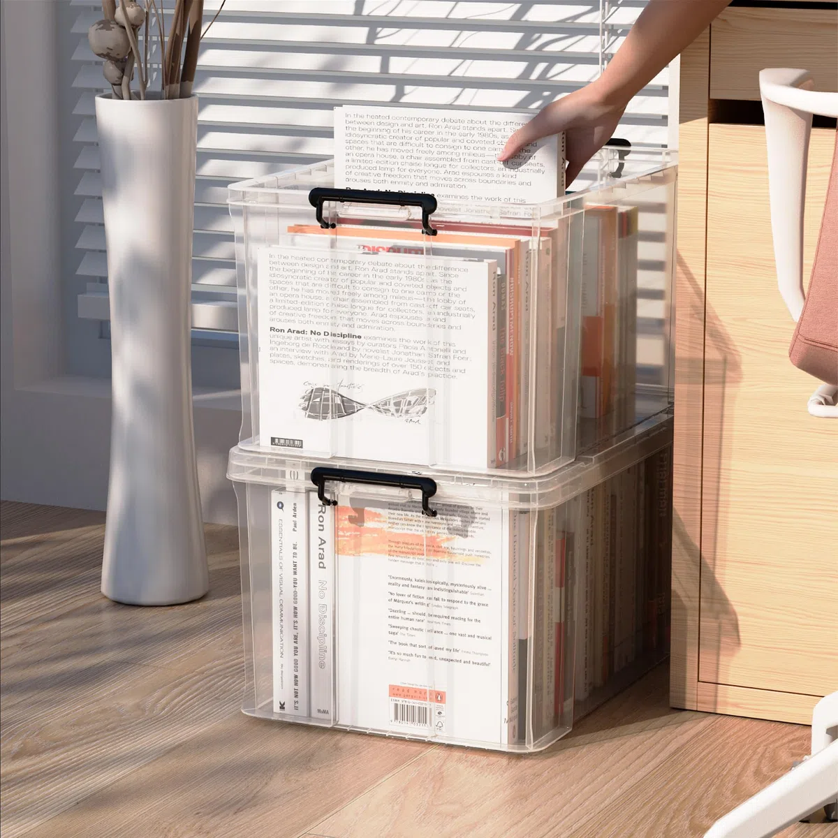 Cetomo 80L*3 Cajas de Almacenamiento, Cubo de Almacenamiento Plástico Apilable con Tapas, Contenedor de Alta Resistencia con Esquinas Reforzadas, Duradero, Transparente, 80L-Conjunto de 3
