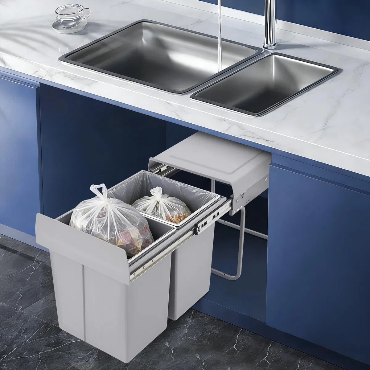 Cubo de basura de cocina de 40 L, extraíble, con 2 cubos, antideslizante, para hogares, restaurantes, cafeterías, oficinas, baños, cocinas, ahorradores de espacio debajo del armario