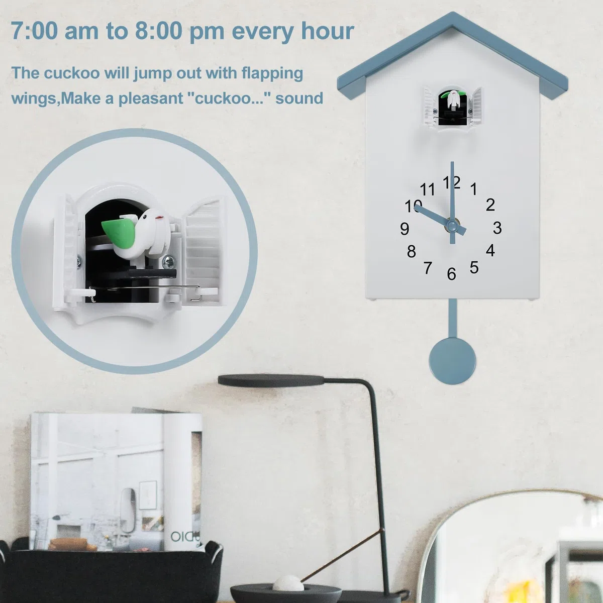 Reloj de cuco moderno reloj de pared reloj de cuco con voz de pájaro moderno reloj de cuco con péndulo 25 x 20 x 9 cm para el hogar, salón, cocina, oficina, decoración (azul + blanco)