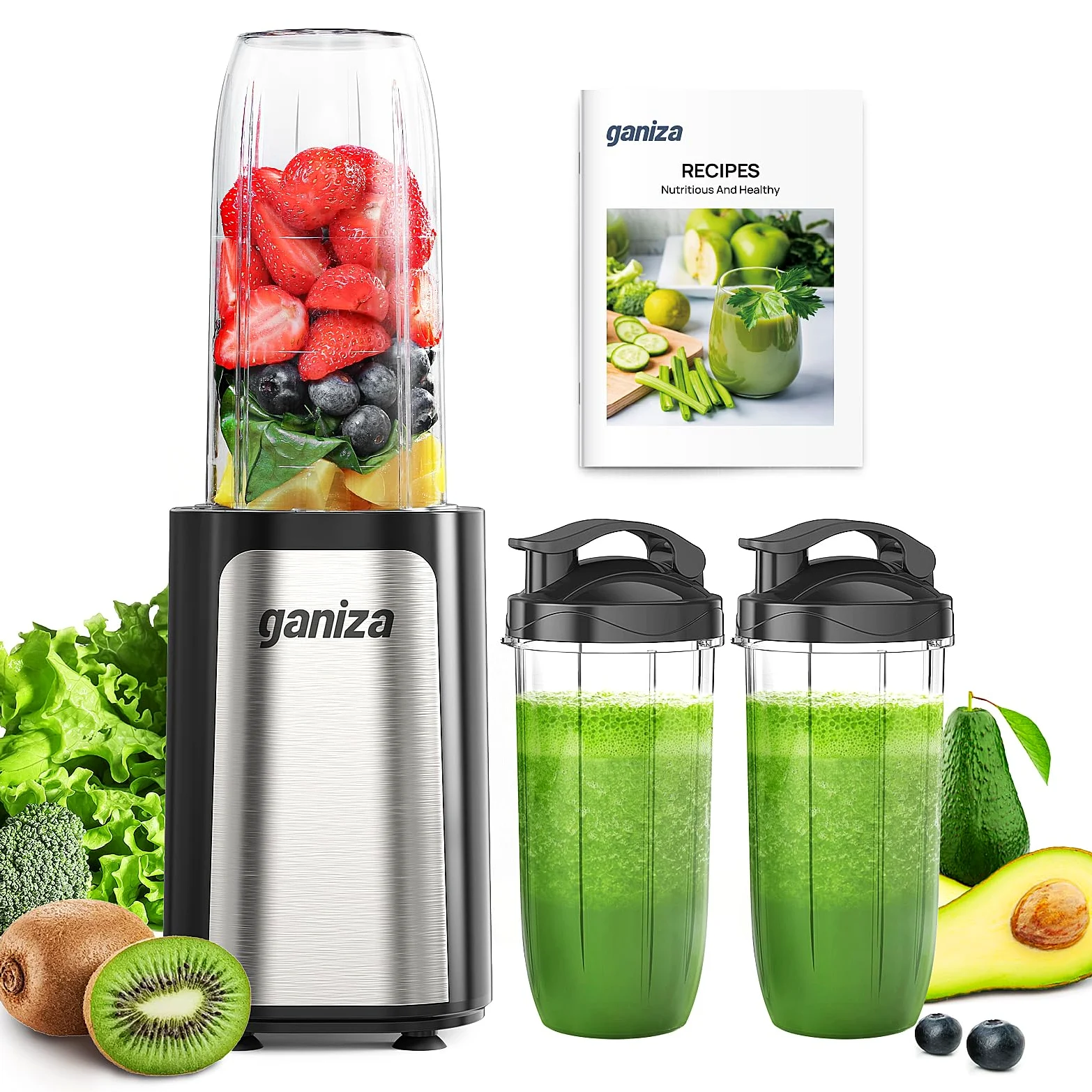 Ganiza Batidora de Vaso，Potencia 900 W Batidora de pie con 3 vasos portátiles (2 x 500 ml y 1 x 700 ml), Minibatidora con 4 Cuchillas de Acero inoxidable,Licuadora eléctrica para batidos y smoothies