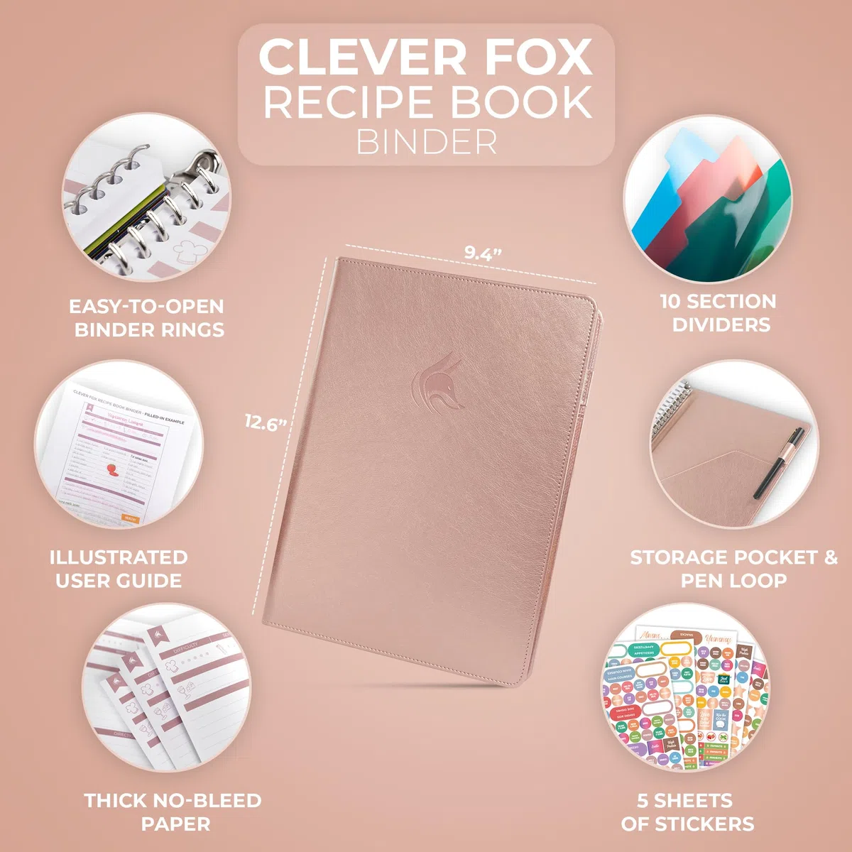 Clever Fox Carpeta de libro de recetas con pestañas, organizador de cuaderno de anillos con páginas en blanco para escribir en tus propias recetas, libro de cocina familiar personalizado, 220 recetas,
