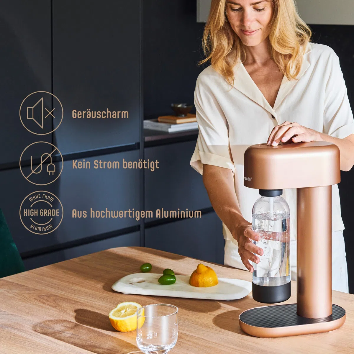 Mysoda: Ruby Set – Aireador de aluminio con 1 L y 0,5 L Quick-Lock, botella de plástico sin BPA y cilindro de CO2 – cobre