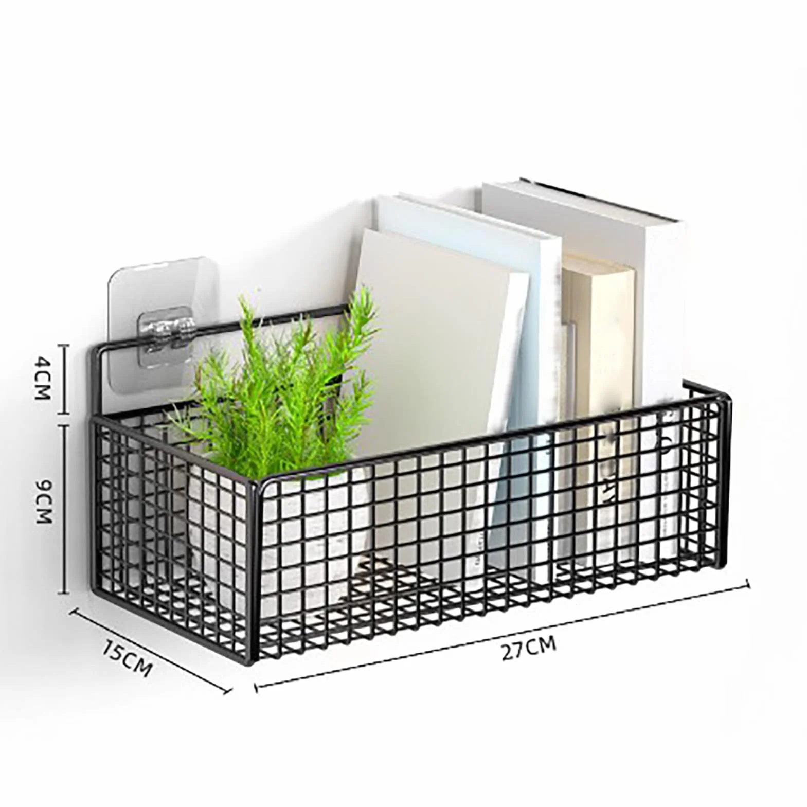 Paquete de 2 cestas de almacenamiento montadas en la pared sin taladros, organizador colgante de metal negro para cocina, baño, cestas de malla multifuncionales que ahorran espacio,