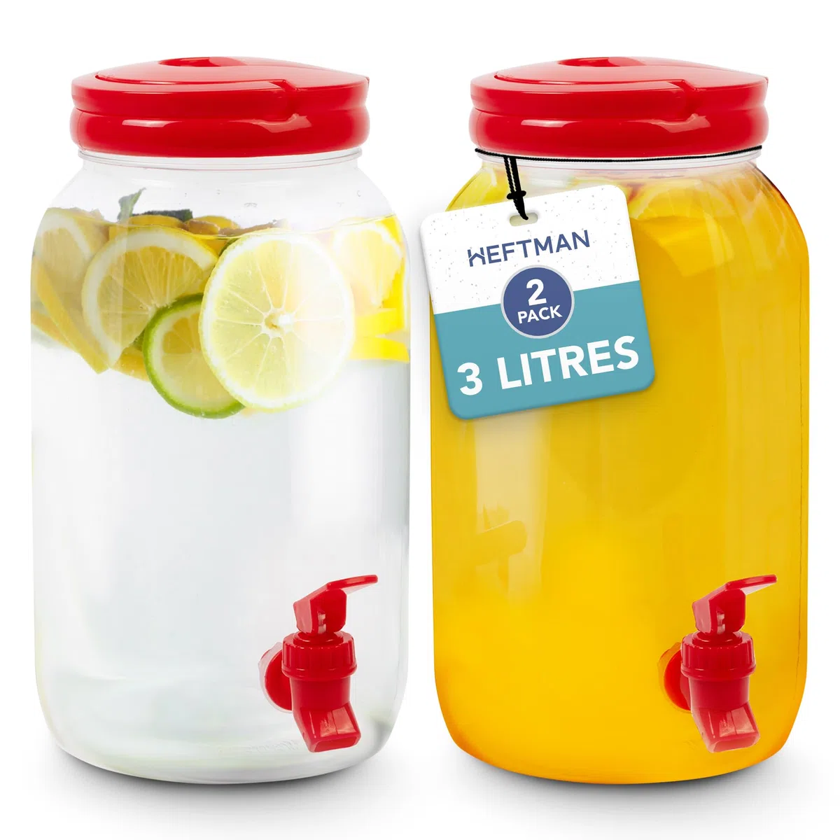 HEFTMAN Plástico Dispensador de Bebidas con Grifo - 3 Litros Paquete de 2 Dispensador de Agua Nevera Fría, Asa, Tapa de Rosca, Botella con Grifo Dispensador es Cócteles, Bebidas (Rojo)
