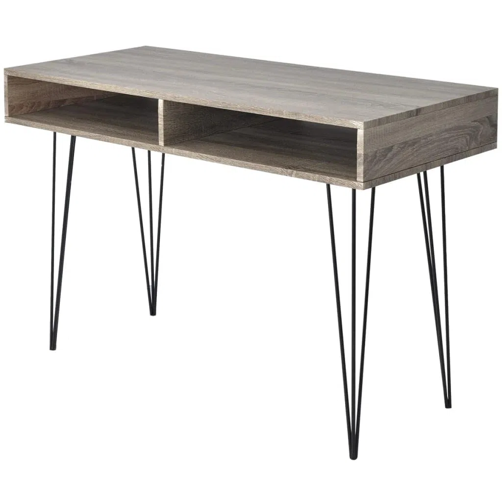 Escritorio con 2 compartimentos de color gris, tablero de fibra de densidad media y patas de metal macizo, mesa de ordenador estable para el hogar y la oficina, amplia superficie de trabajo