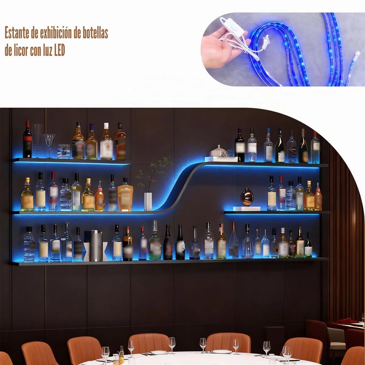 Botellero de Vino Montado en la Pared con Luz LED, Estantes de Vino Decorativo de diseño curvo moderno, 3 Niveles Estante para Exhibición De Vinos, para Bar doméstico, Cocina, Catering (negro, 150cm)