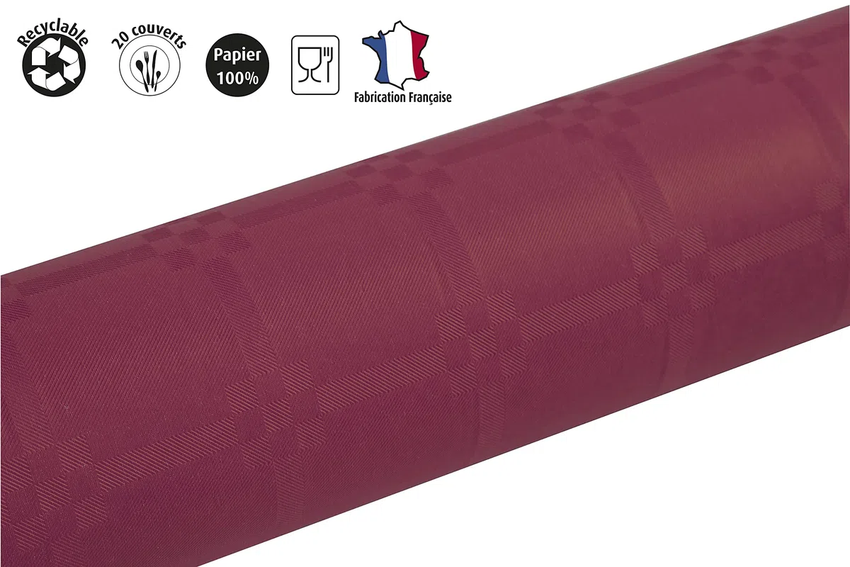 Pro Nappe - Ref R480622I - Mantel de Papel Damasco desechable en Rollo 6 M de Largo X 1,20 M de Ancho - Color Burdeos - Papel Damasco con Estampado Universal Chic y clásico - Caja de 12 Rollos
