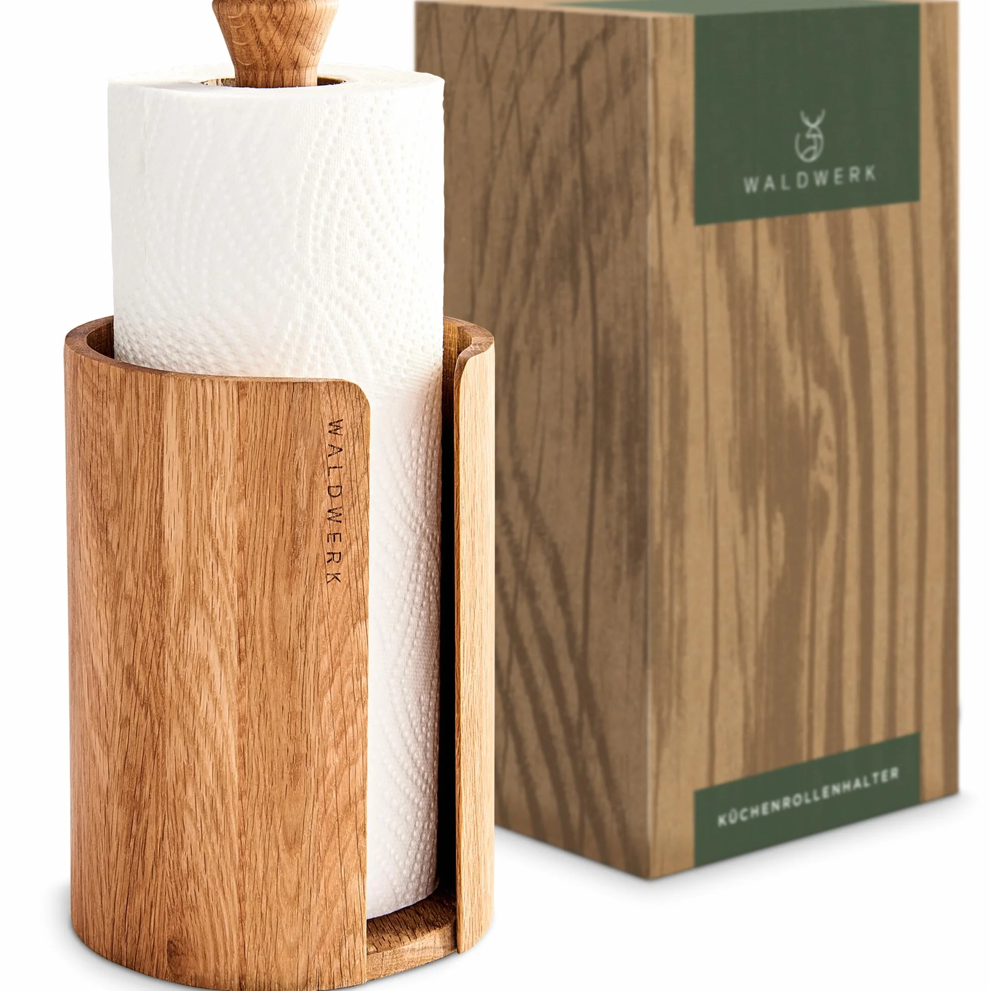 WALDWERK Portarrollos Papel Cocina Diseño – Porta Rollos de Papel Cocina de auténtica Madera de Roble para Todos los Rollos de Cocina estándar – Soporte Papel Cocina sin plástico