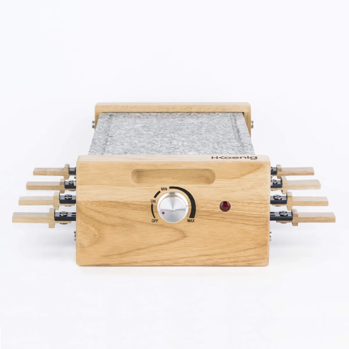 H.Koenig Raclette Multifunción 8 personas WOD8 Diseño en madera natural, Piedra de granito extraíble, Set profesional de fondue de queso raclette, 8 sartenes antiadherentes, 8 espátulas de madera