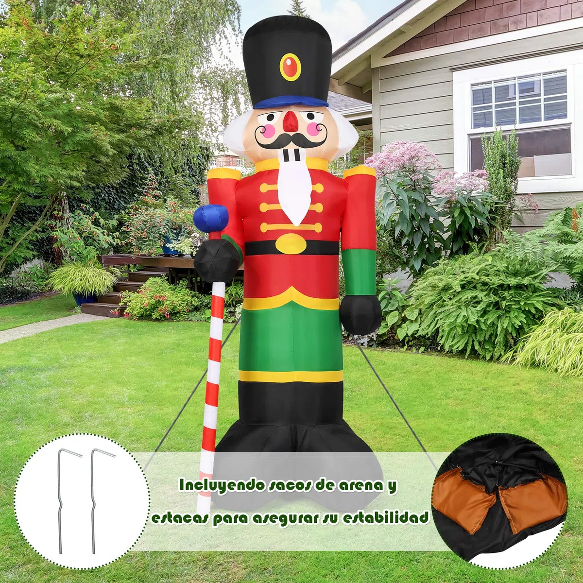 COSTWAY Soldadito Cascanueces Inflable de 240 cm con 3 Luces LED Bomba y Bolsas de Arena Decoración Navideña para Interior Exterior