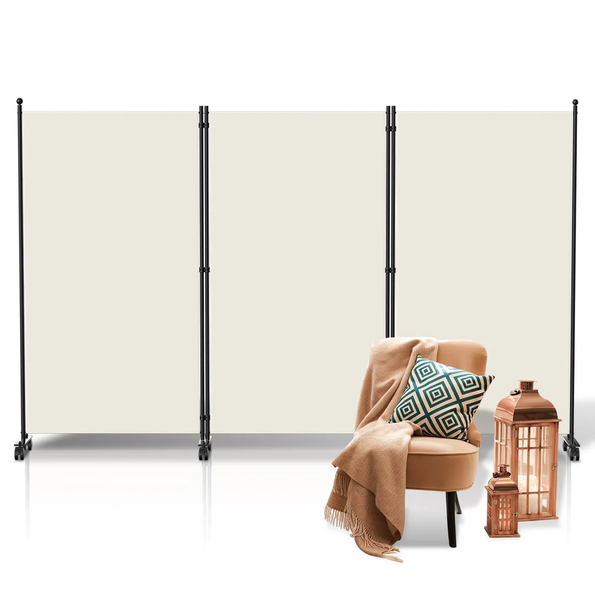 Ikodm Biombo para exterior con ruedas, 3 piezas, 263 x 181 cm, resistente a la intemperie, para exterior y oficina, color beige