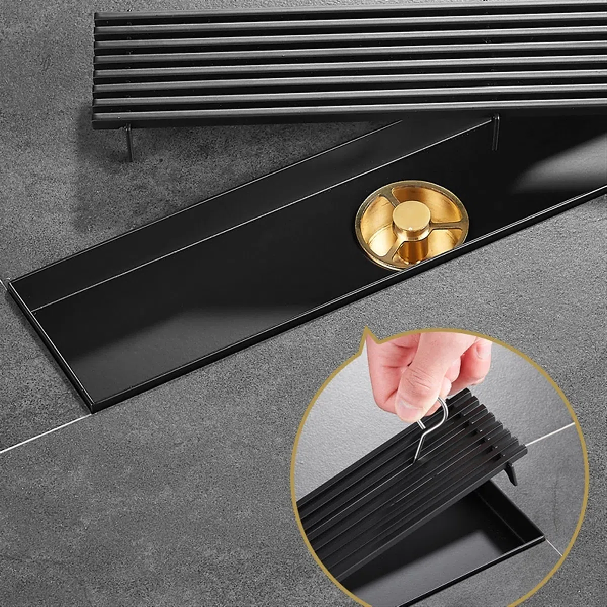 Desagüe de Ducha Lineal Acero Inoxidable 304 | Desagüe de ducha lineal negro de varios tamaños con colador de pelo for baño(30cm(11.8''))
