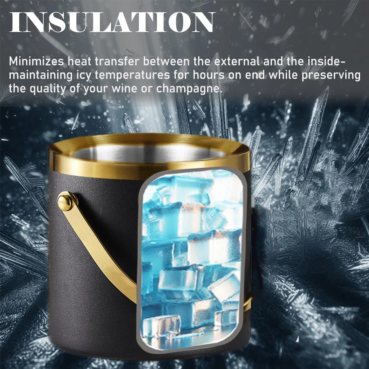 Cubo de hielo aislado con tapa, asa y pinzas, cubo de champán de acero inoxidable negro dorado para fiestas, 3 L, accesorios para mantener las bebidas frías