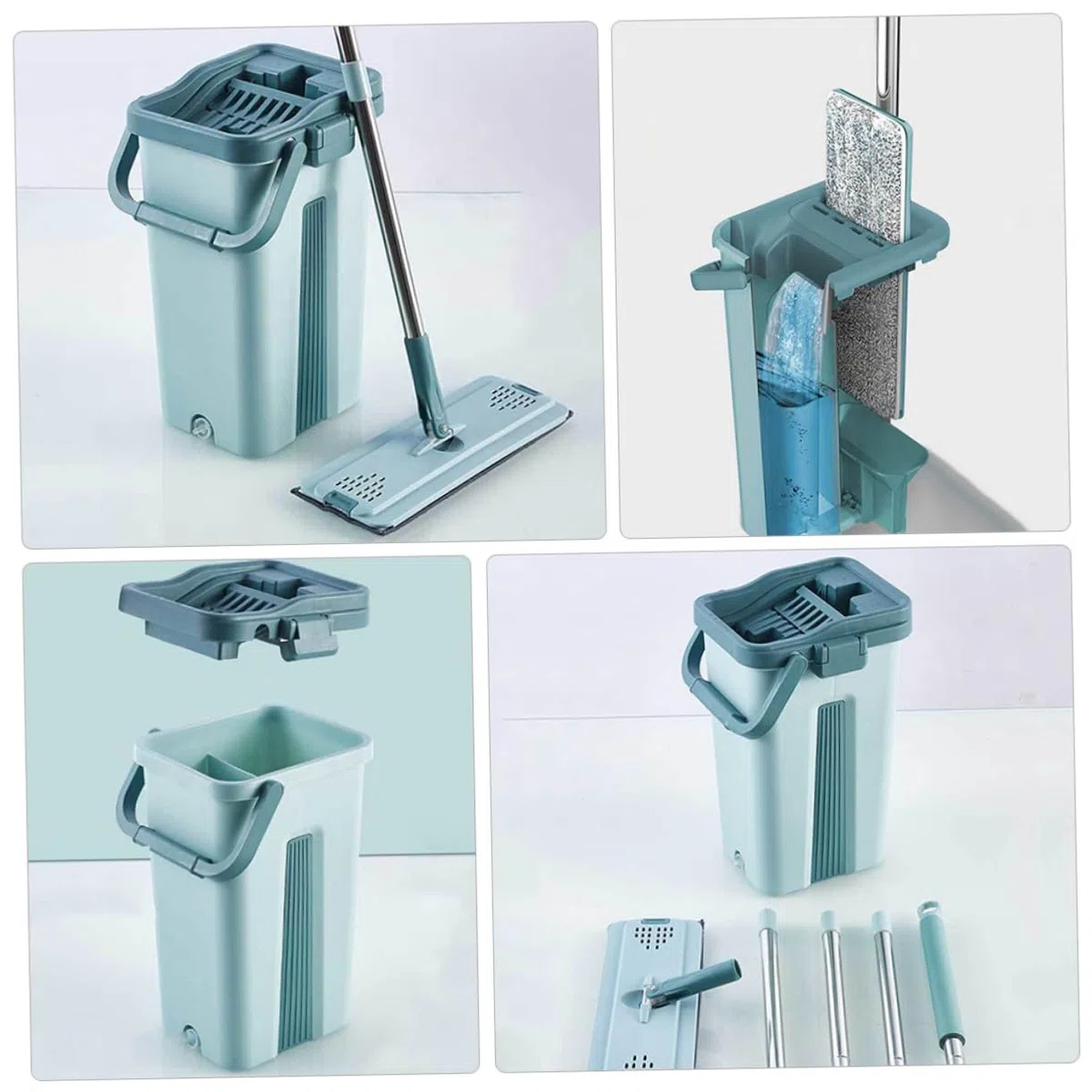 Trapeador sin Lavado de Microfibra Verde Mango Integrado | Juego de Limpieza, Cubo de Fregona Incluido, Acero Inoxidable y Plástico, Uso en Hogar