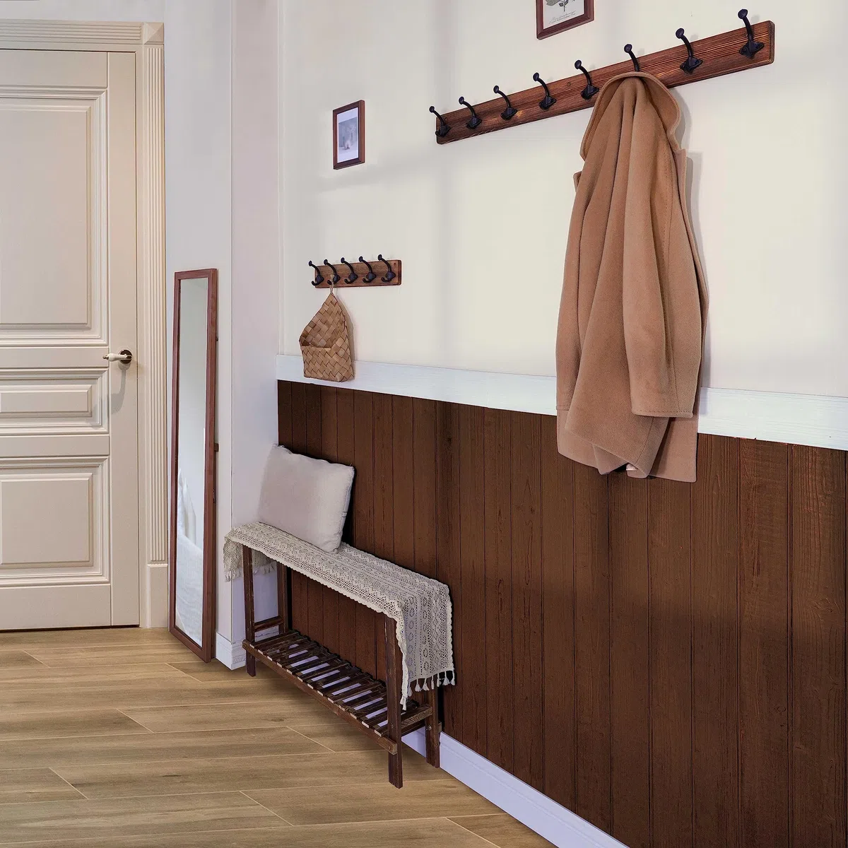 WEBI Percheros Pared Madera,8 Ganchos de Hierro Fundido,Colgador Pared,Percha Pared,Colgadores Pared,5 Ganchos Para Abrigos,Chaqueta,Marrón