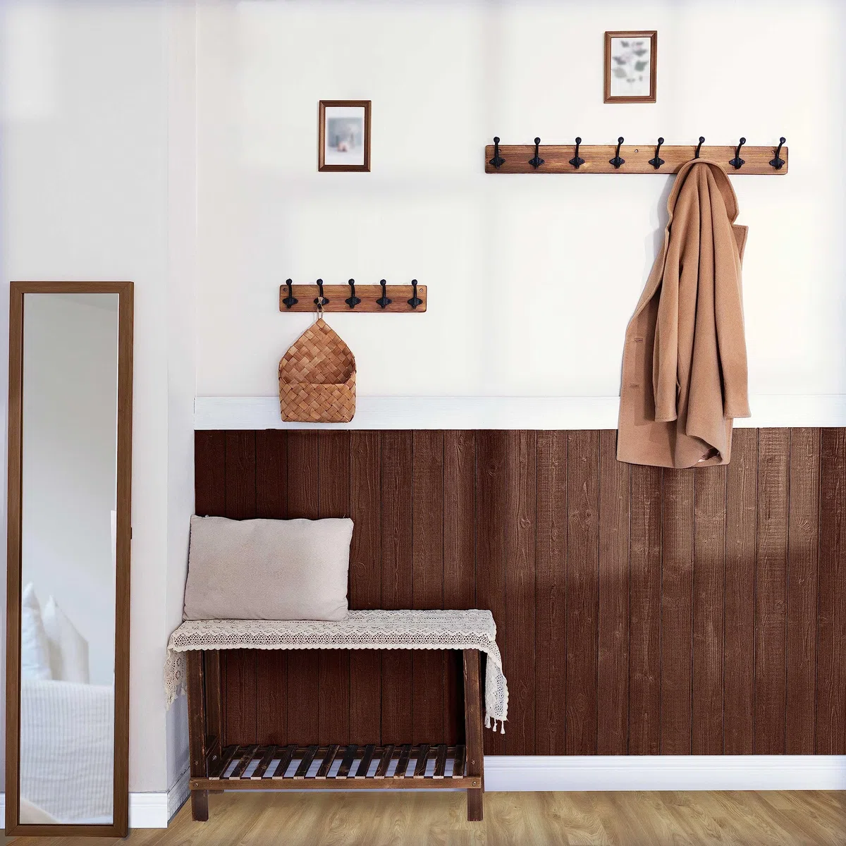 WEBI Percheros Pared Madera,8 Ganchos de Hierro Fundido,Colgador Pared,Percha Pared,Colgadores Pared,5 Ganchos Para Abrigos,Chaqueta,Marrón
