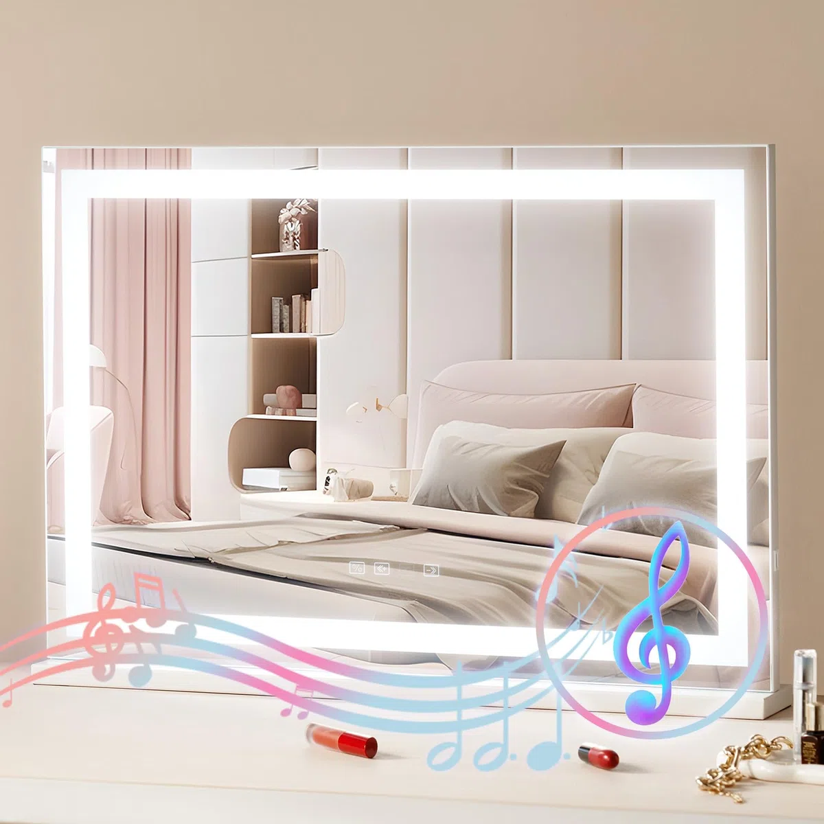 VEVOR Gran Espejo de Maquillaje Iluminado con Tres Modos de Iluminación Color, LED Luces, Aumento de 5X, Bluetooth, USB, Control Táctil Inteligente, Montaje en Pared a Escritorio, 800 x 120 x 572 mm