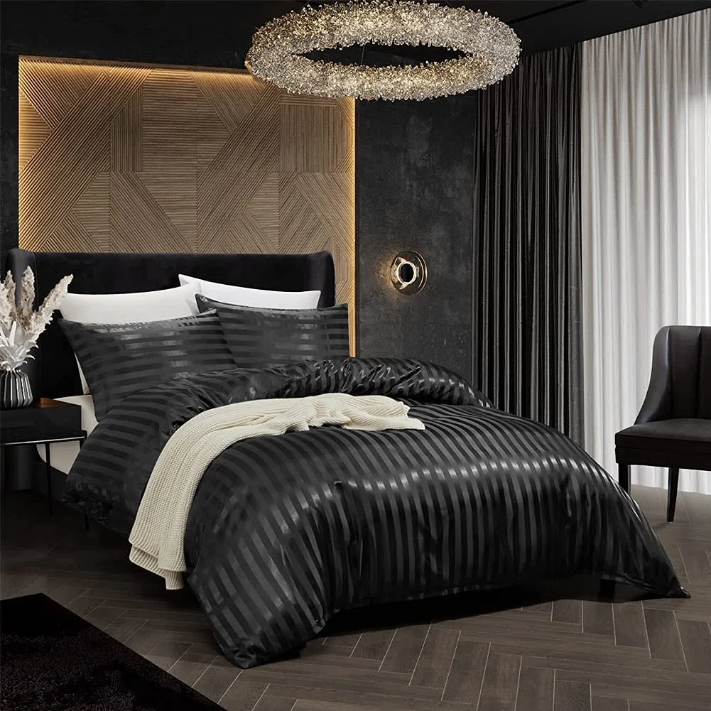 Juego de ropa de cama, negro, 240 x 260 cm, para adultos, satén, a rayas, para cama doble, satén, negro, monocolor, seda, lisa, brillante, juego de ropa de cama con cremallera y 2 fundas de almohada