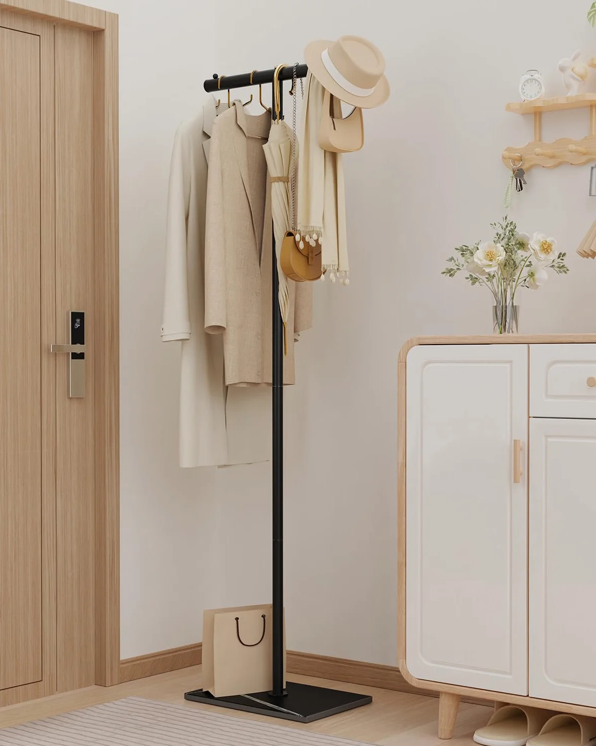 OUTBORS Perchero, Organizadora Independiente con Gancho, Multifuncion Percha de Estructura en Forma de T, Disponible para Armario, Dormitorio, Pasillo, Entrada, 175cm, Negro
