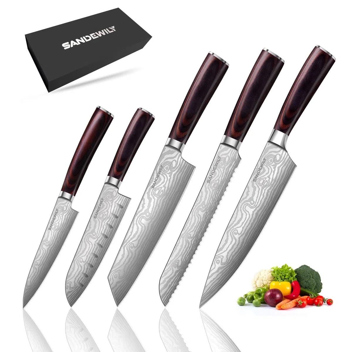 Juego de 5 cuchillos de cocina profesionales de acero inoxidable japonés de alto carbono ultra afilados con vainas, mango ergonómico, cortador multifuncional y cuchillos en caja de regalo, plateado