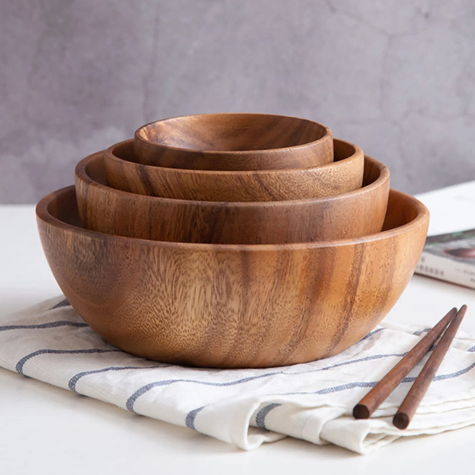 Ensaladera de madera de gran tamaño (20 cm x 7,5 cm), cuenco de madera de acacia hecho a mano, cuenco de madera maciza, cuencos de madera grandes para servir para ensaladas, frutas y cereales
