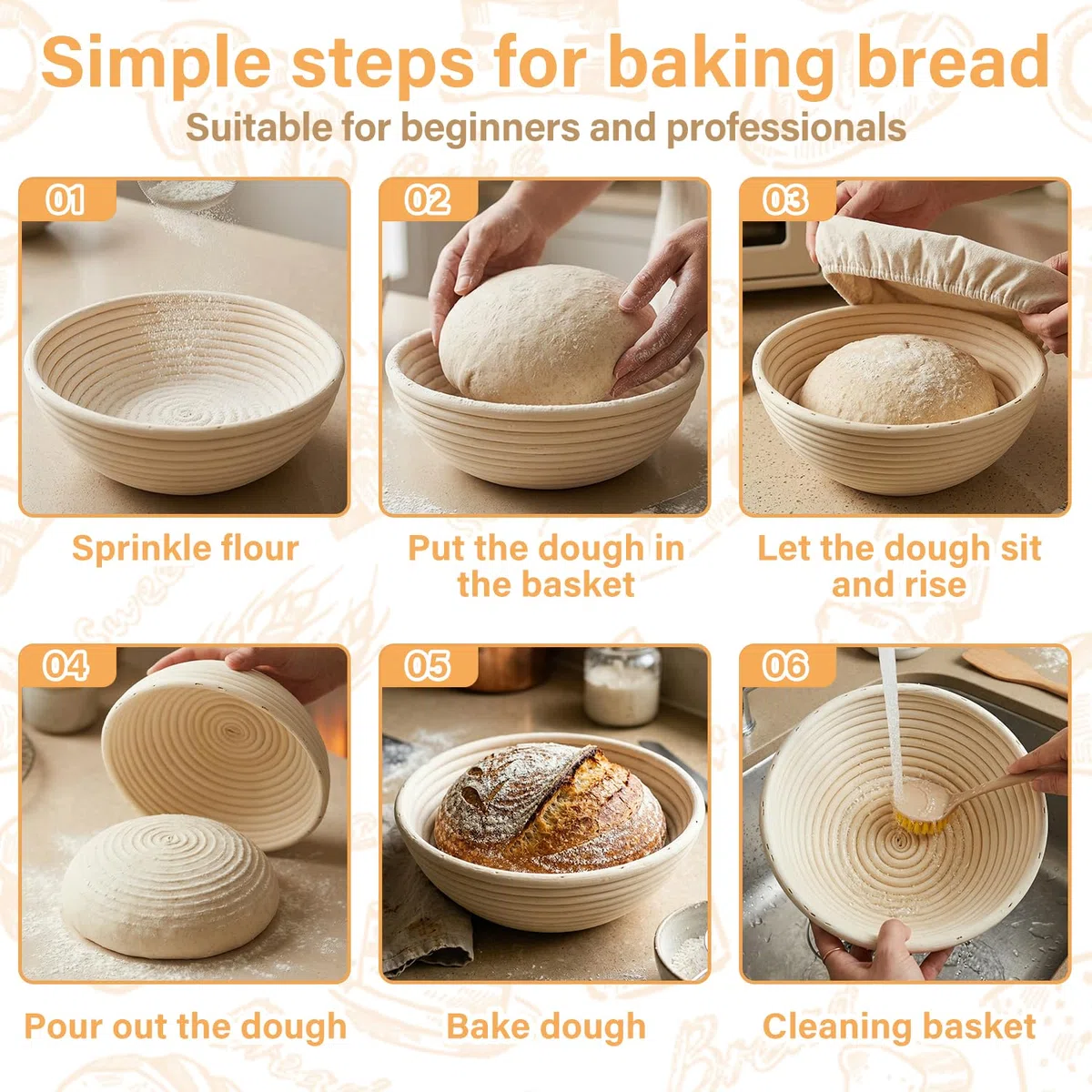 Banetones Para Pan, Cesta de Fermentación Pan de Redondo 23cm y Ovalado 25cm, Kit Completo Tarro de Masa Madre 900ml, Traje De Pan Fermentado De Agrio para Principiantes y Experimentados
