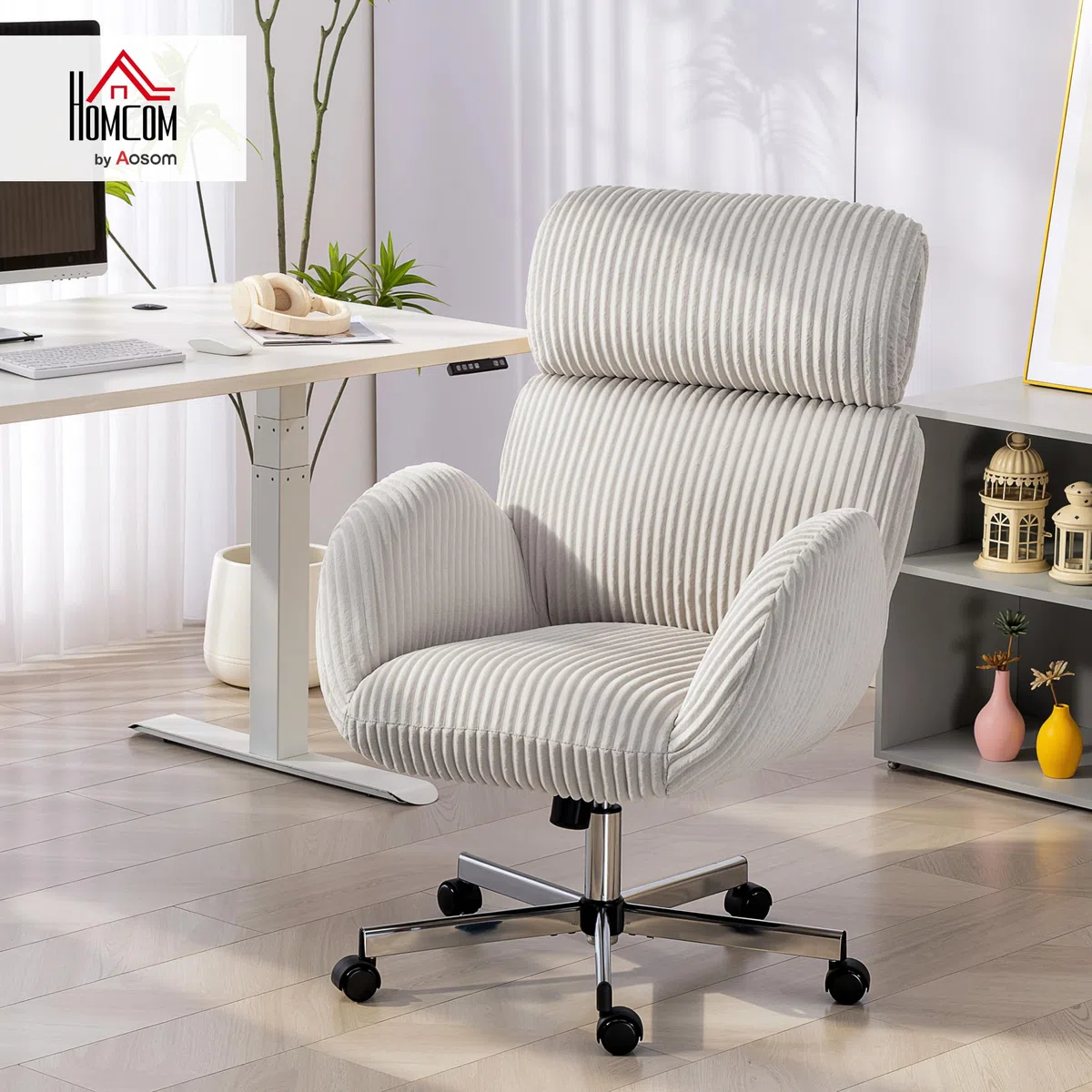 HOMCOM Silla de Oficina Piernas Cruzadas Reposabrazos Respaldo Alto Gris | Silla de Escritorio, Reposacabezas Regulable, Ruedas, Altura Ajustable, Giratoria, Función Basculante, Tapizada en Pana