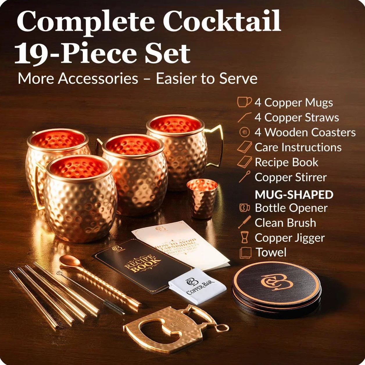Moscow Mule tazas 100% sólido cobre, martillado, Set de regalo de 4, 16oz, no níquel auténtico mango, Bonus: 4 pajitas + 1 shot glass & 2 Libros Electrónicos por copper-bar