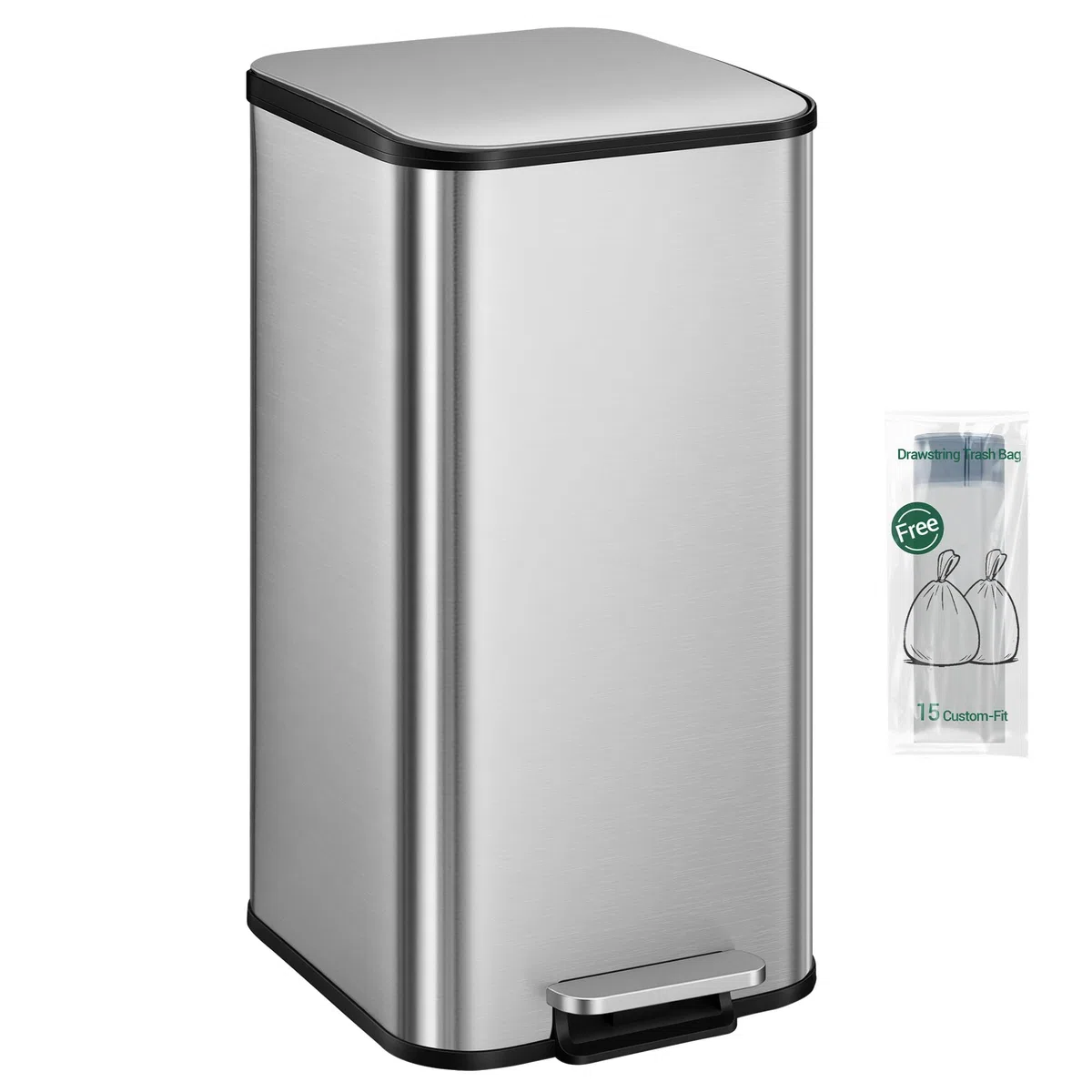 Hzuaneri Cubo de Basura Cocina 40L con Pedal, Contenedor de Residuos de Metal con Tapa de Cierre Suave y Cubo Interior Extraíble, Incluye 15 Bolsas de Basura, Plateado SW14099E