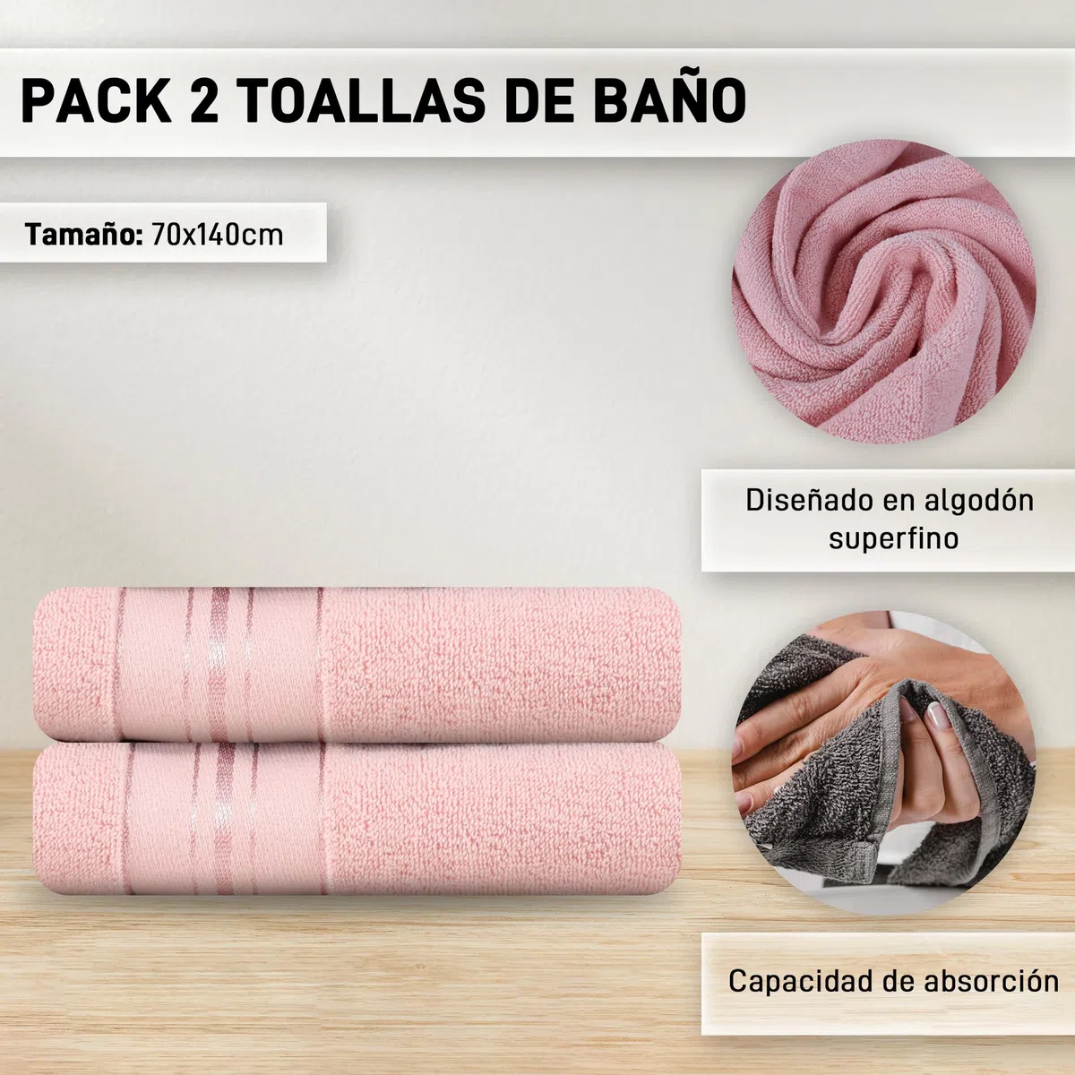 Juego De Toallas 100% De Algodón - Ducha mas Lavabo - Juego De 2 Toallas De Algodón Absorbentes Dimensiones 140x70 cm y 35 x 75 cm - Paquete De 2. (Rosa)