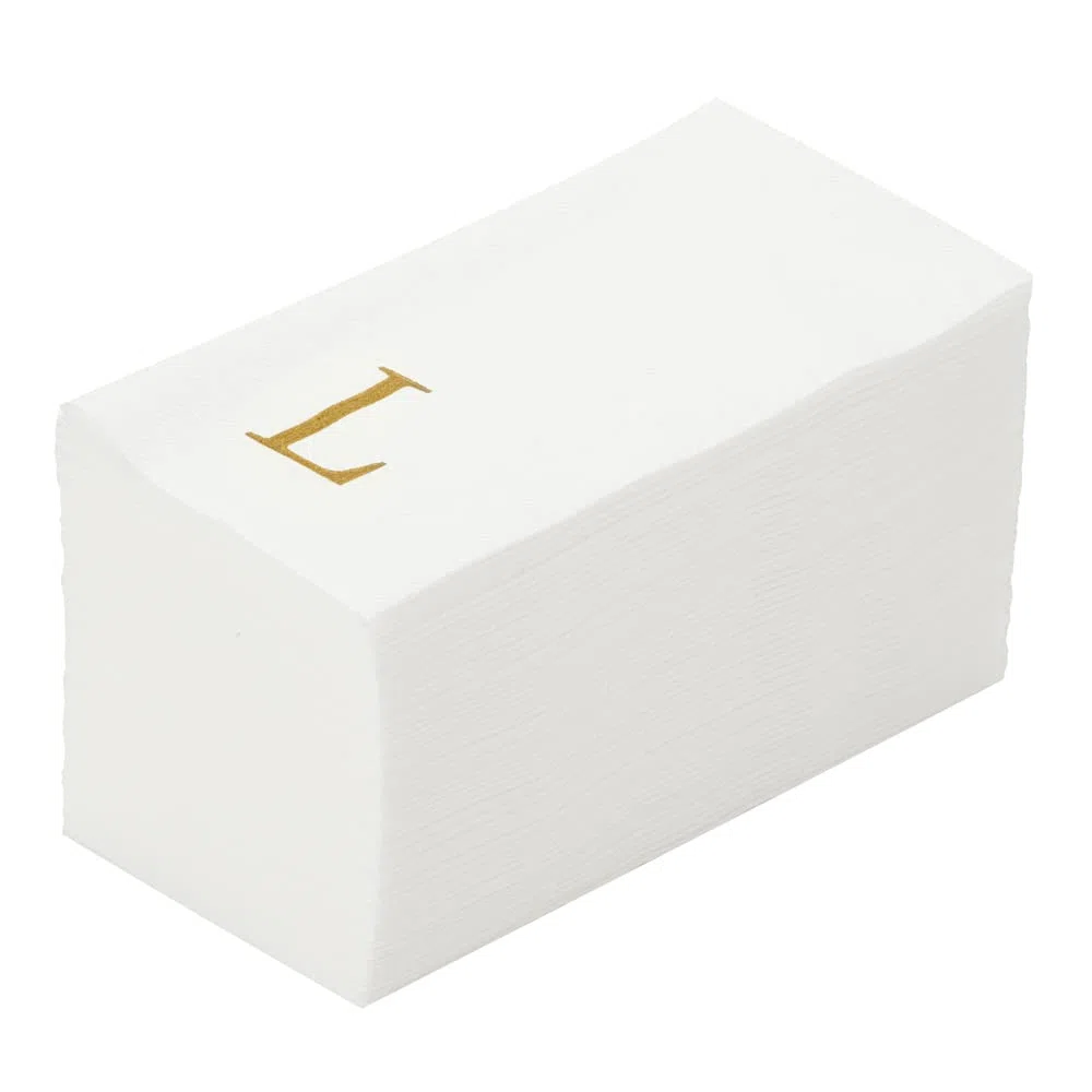 Luxenap - Toallas de invitados de 15.8 x 7.9 pulgadas, 50 toallas de mano con letras doradas, letra "L", letra Sans Serif, servilletas de papel blanco, airlaid, para baños y mesas